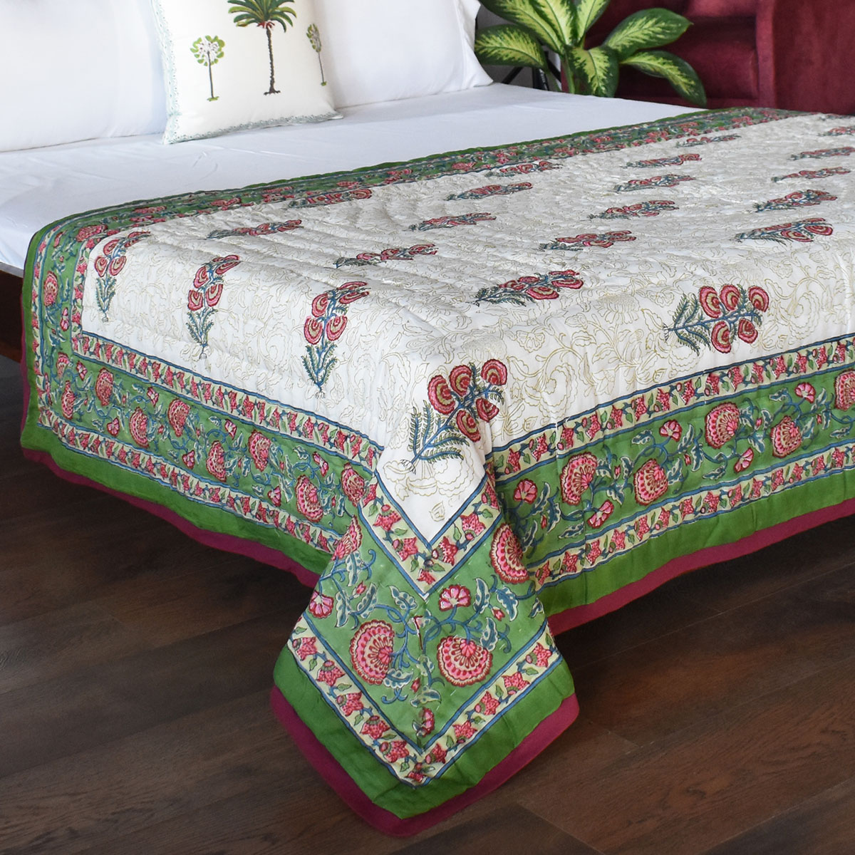 Hand Block Printed Cotton Twin Size Quilt  Dawn Glory 251205