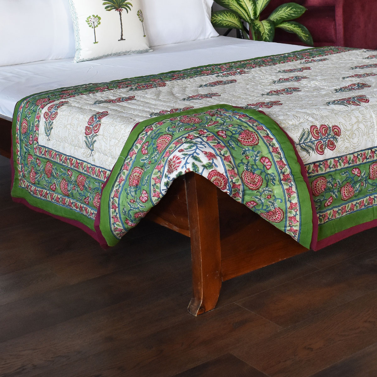 Hand Block Printed Cotton Twin Size Quilt  Dawn Glory 251205