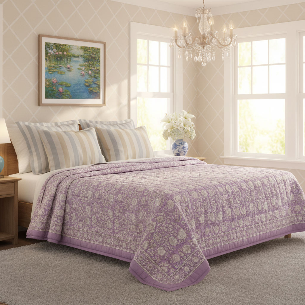 Hand Block Printed Cotton Twin Size Quilt Dazzling Violet Palace 251208