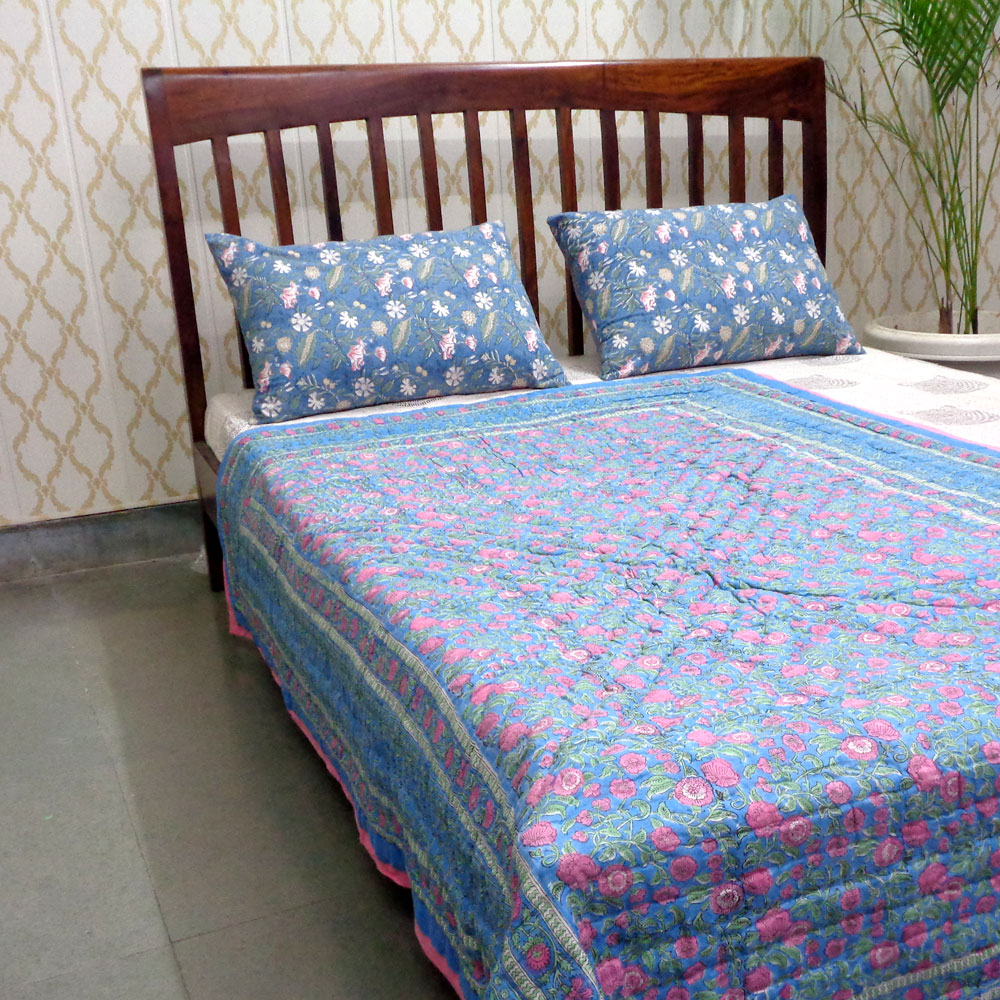 Hand Block Printed Cotton Twin Size Quilt Blue Pink Blossom 701397