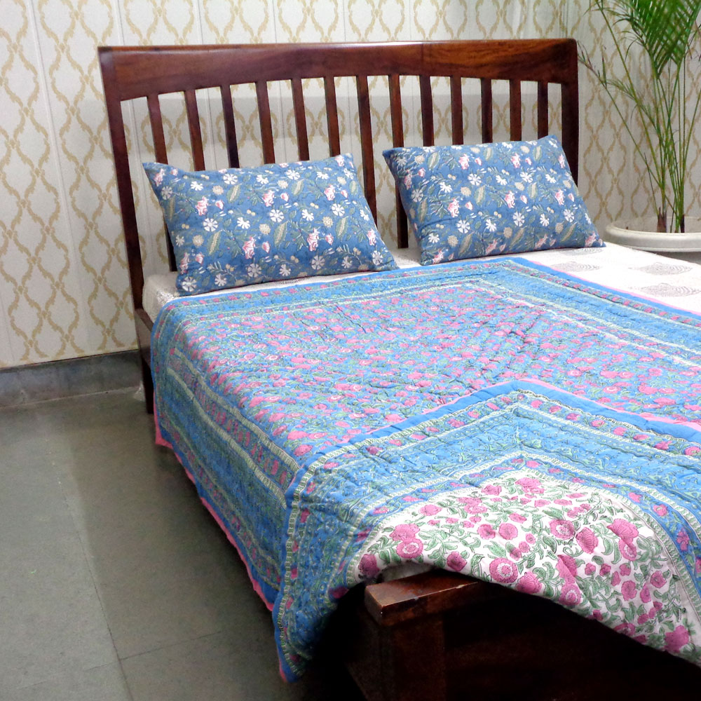Hand Block Printed Cotton Twin Size Quilt Blue Pink Blossom 701397
