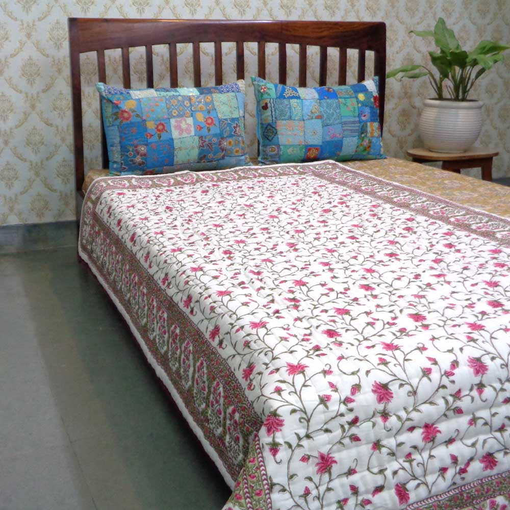 Hand Block Printed Cotton Twin Size Quilt Floral Bale Pink 103562
