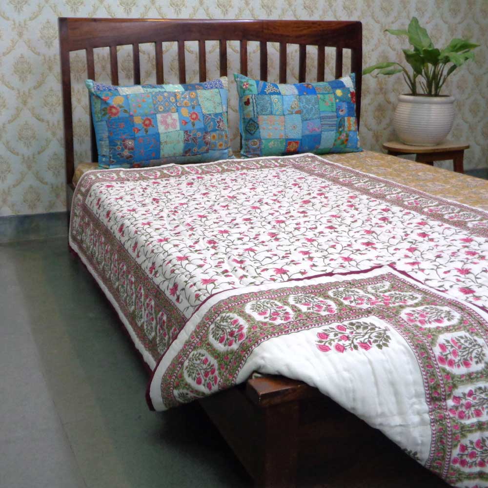 Hand Block Printed Cotton Twin Size Quilt Floral Bale Pink 103562