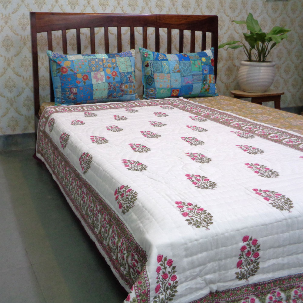 Hand Block Printed Cotton Twin Size Quilt Floral Bale Pink 103562
