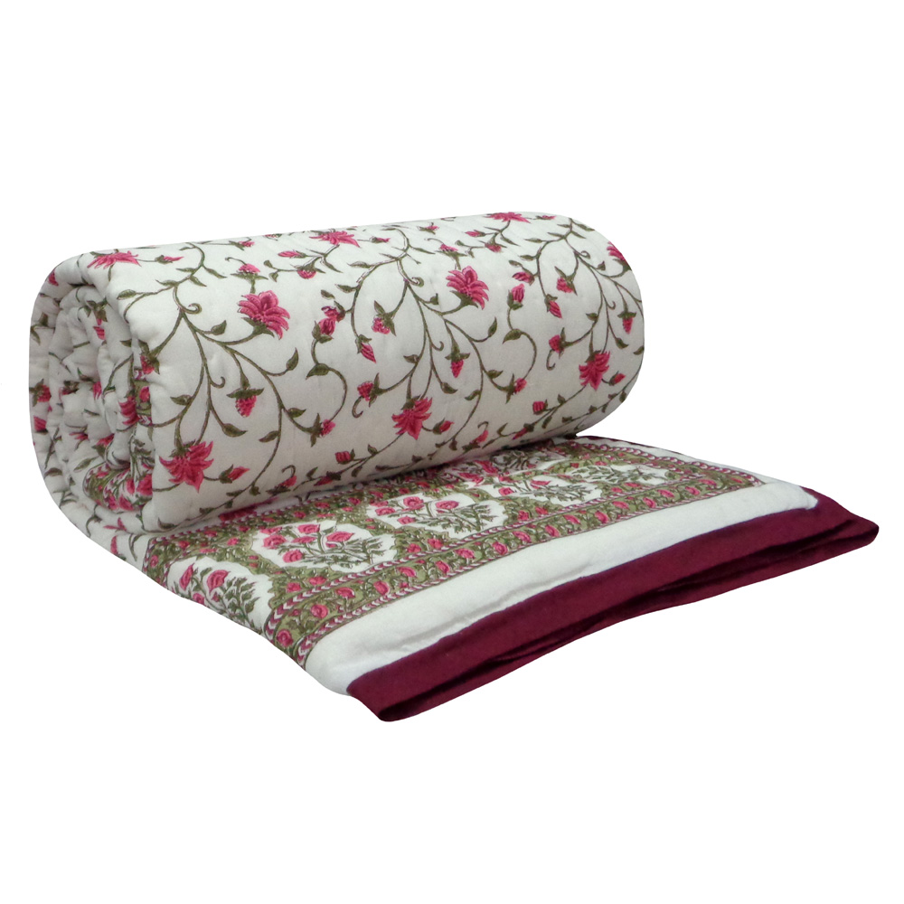 Hand Block Printed Cotton Twin Size Quilt Floral Bale Pink 103562