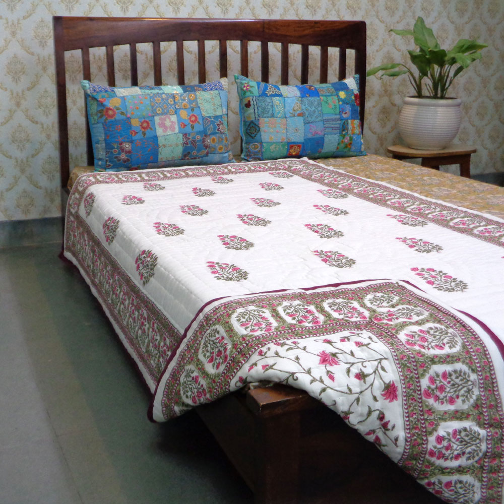 Hand Block Printed Cotton Twin Size Quilt Floral Bale Pink 103562