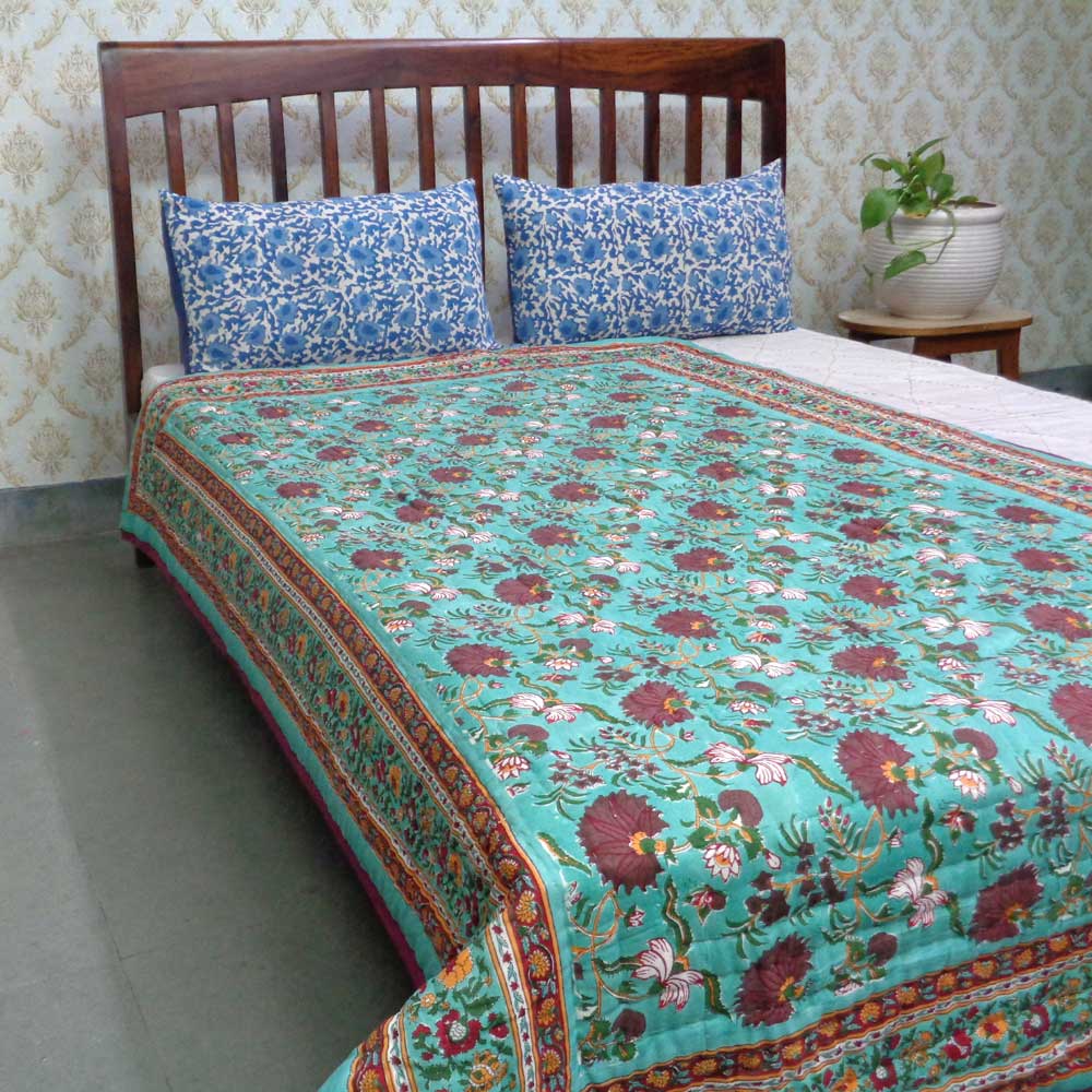 Handmade Block Printed Cotton Twin Size Quilt Flower Blossom Jade 108453