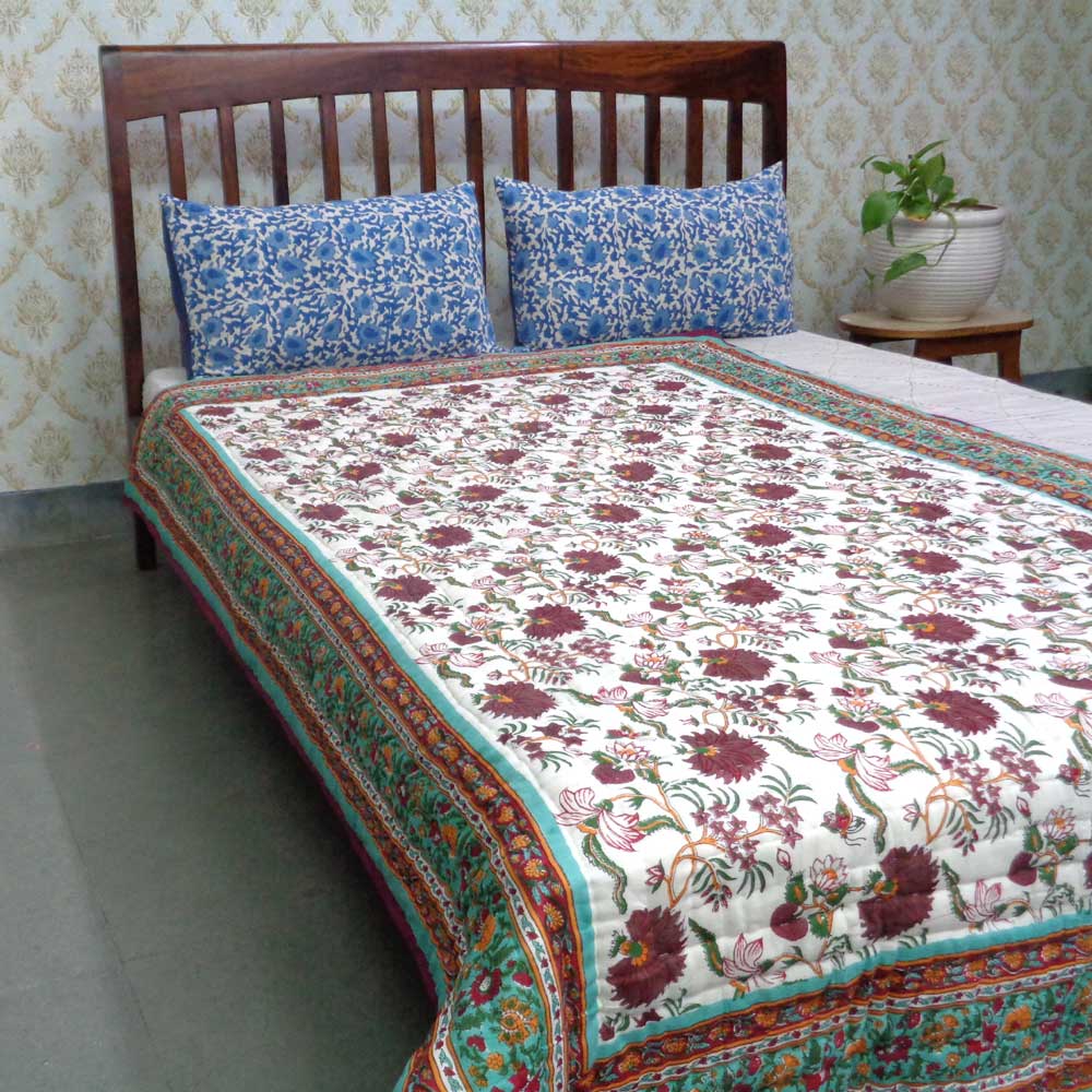 Handmade Block Printed Cotton Twin Size Quilt Flower Blossom Jade 108453