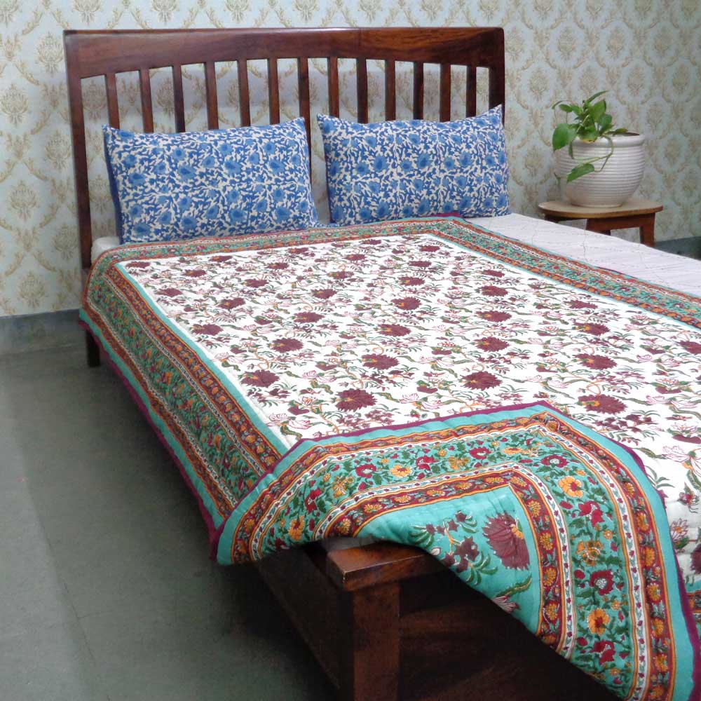 Handmade Block Printed Cotton Twin Size Quilt Flower Blossom Jade 108453
