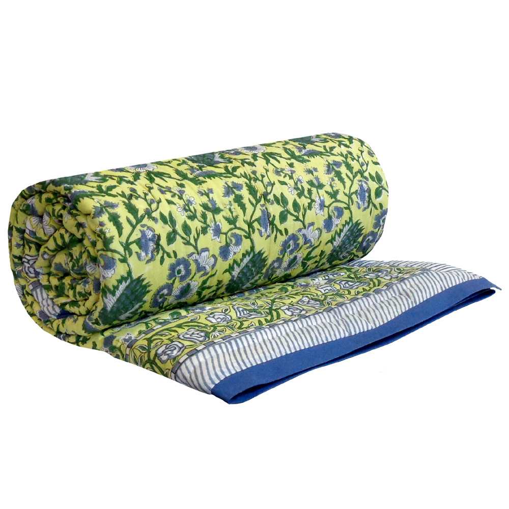 Hand Block Printed Cotton Twin Size Quilt Garden Glade 701880