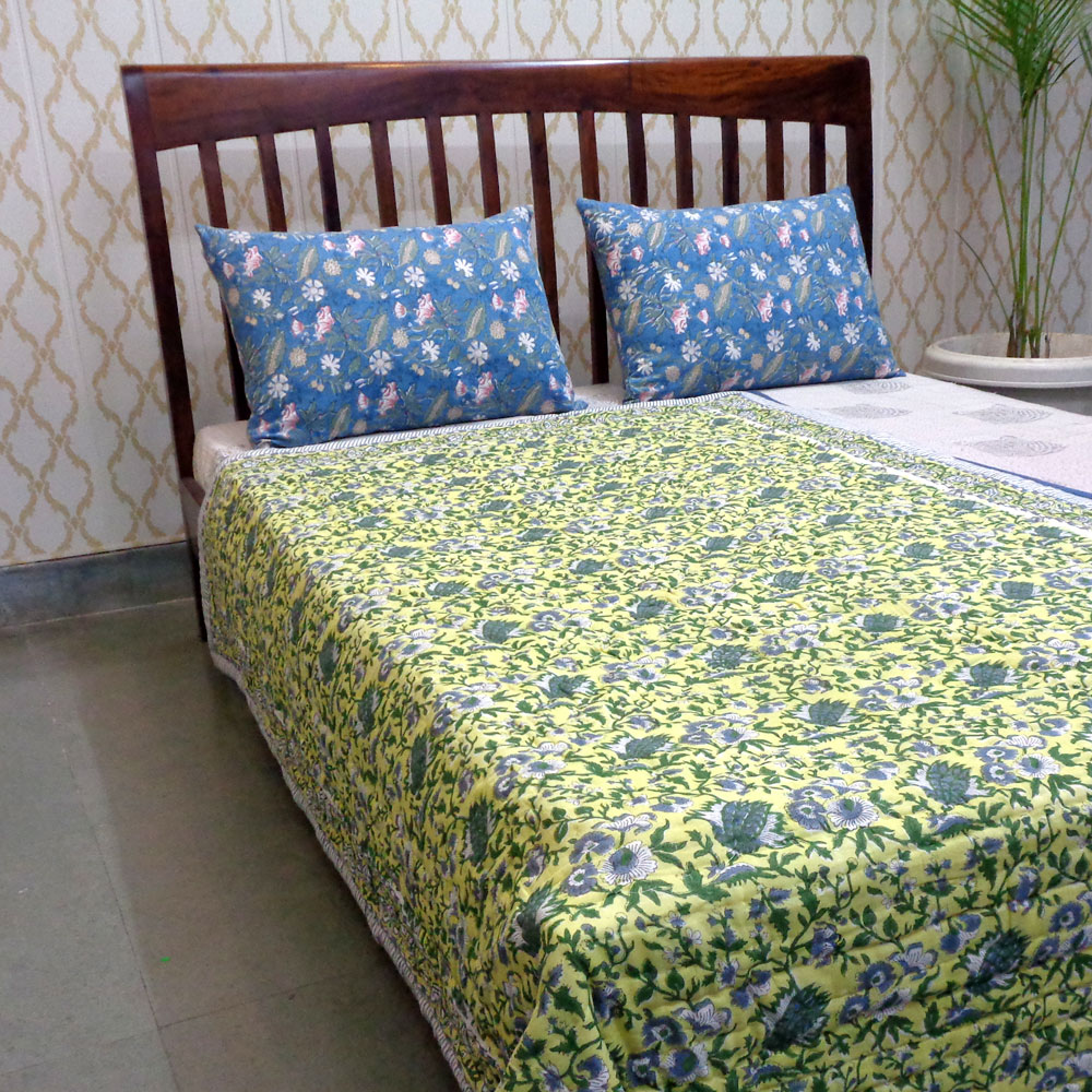 Hand Block Printed Cotton Twin Size Quilt Garden Glade 701880
