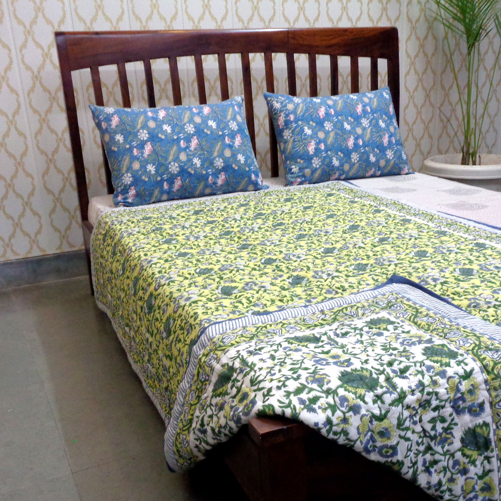 Hand Block Printed Cotton Twin Size Quilt Garden Glade 701880