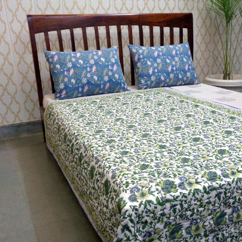 Hand Block Printed Cotton Twin Size Quilt Garden Glade 701880