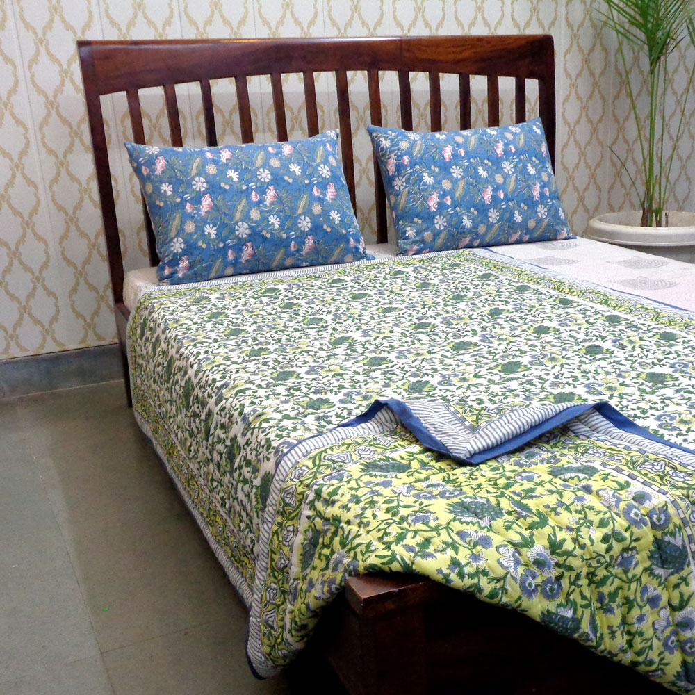 Hand Block Printed Cotton Twin Size Quilt Garden Glade 701880