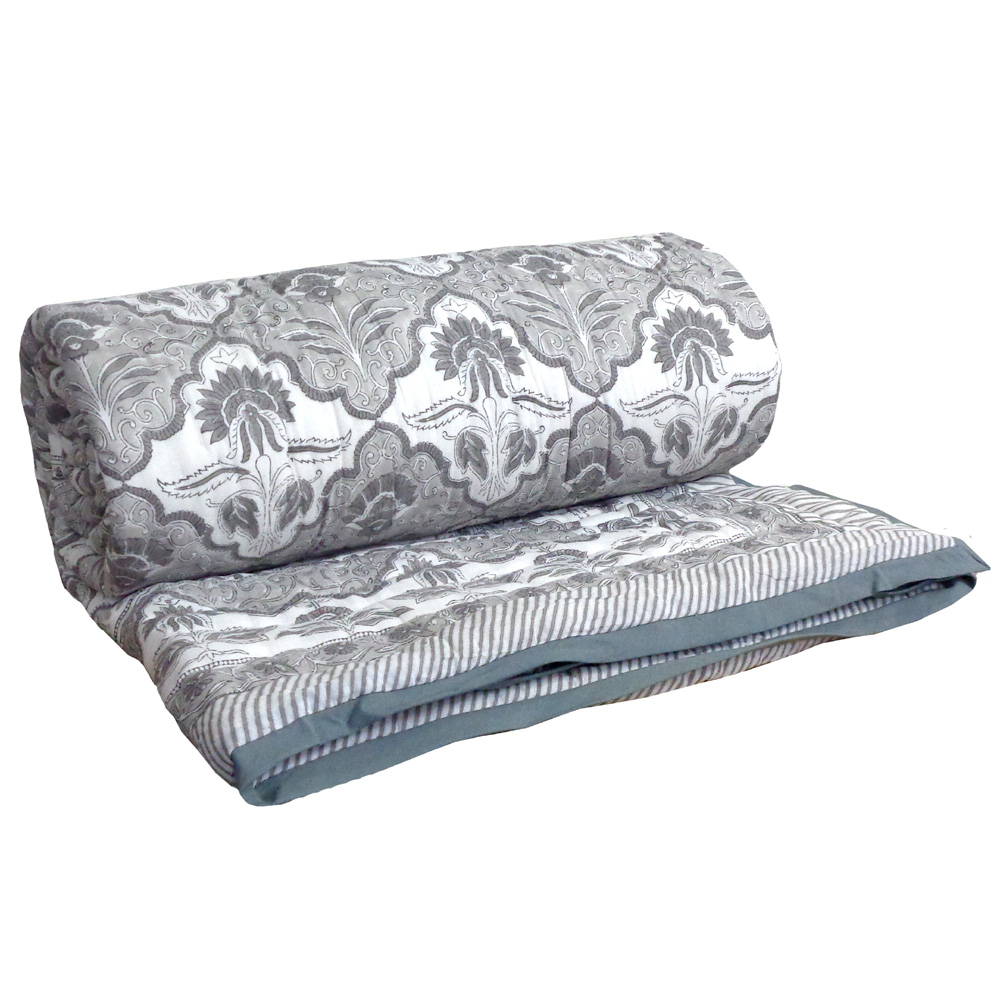 Hand Block Printed Cotton Twin Size Quilt Grey Boota Patti 501068