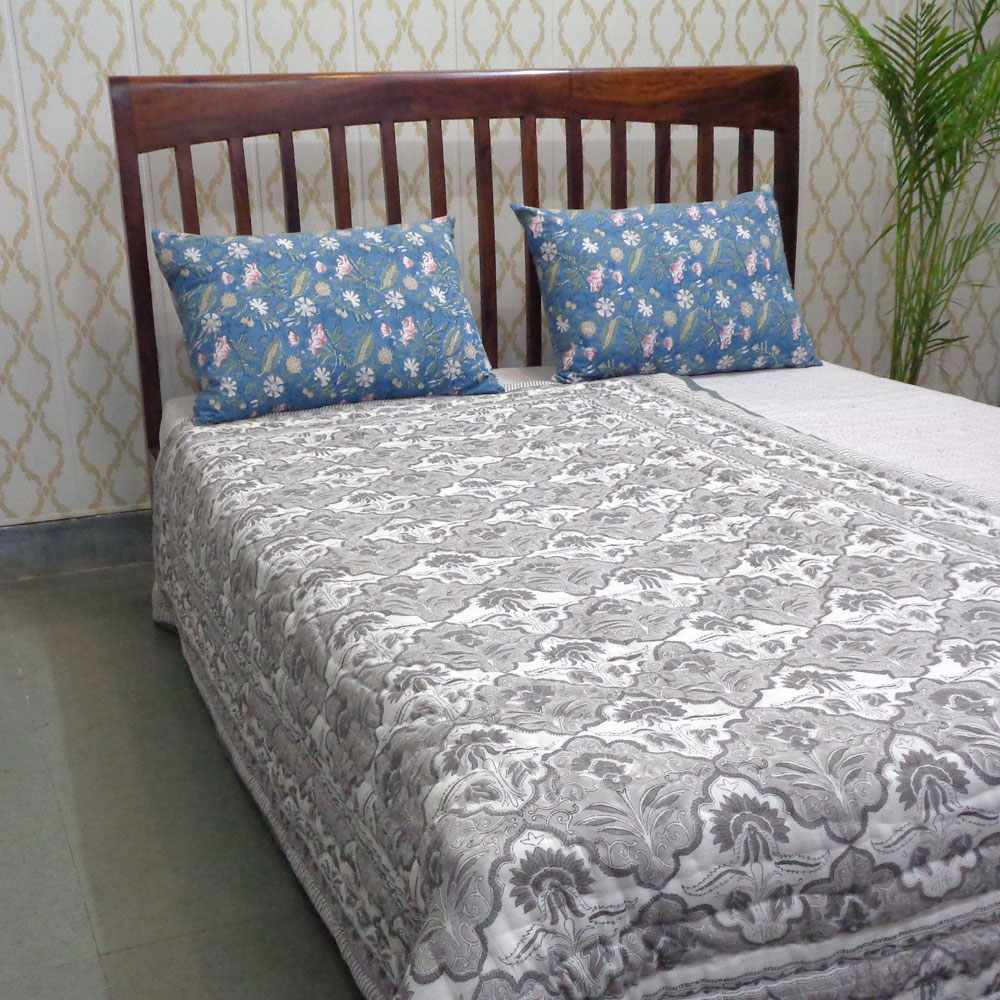 Hand Block Printed Cotton Twin Size Quilt Grey Boota Patti 501068