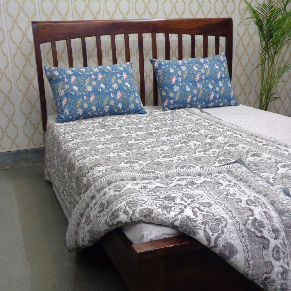 Hand Block Printed Cotton Twin Size Quilt Grey Boota Patti 501068