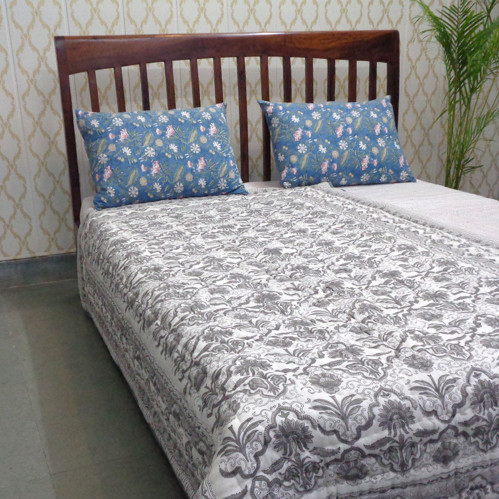 Hand Block Printed Cotton Twin Size Quilt Grey Boota Patti 501068