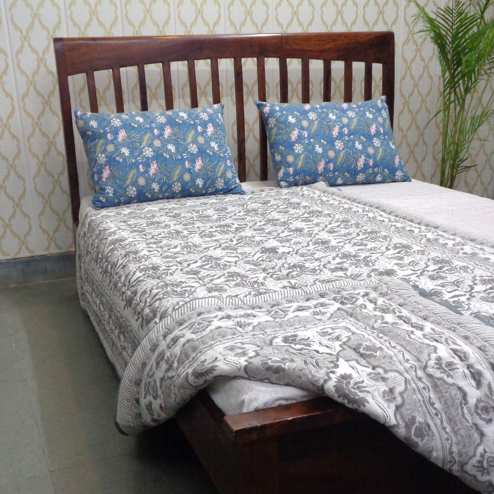 Hand Block Printed Cotton Twin Size Quilt Grey Boota Patti 501068