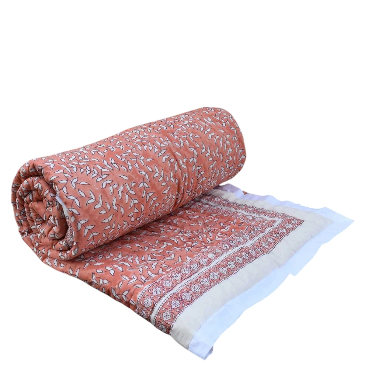Hand Block Printed Cotton Twin Size Quilt Harmony Peach Fill 260415