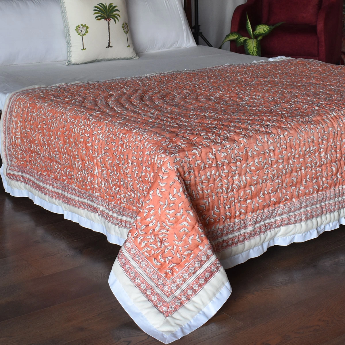 Hand Block Printed Cotton Twin Size Quilt Harmony Peach Fill 260415