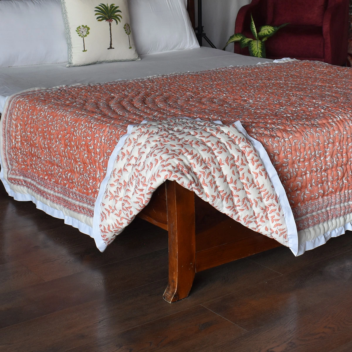 Hand Block Printed Cotton Twin Size Quilt Harmony Peach Fill 260415
