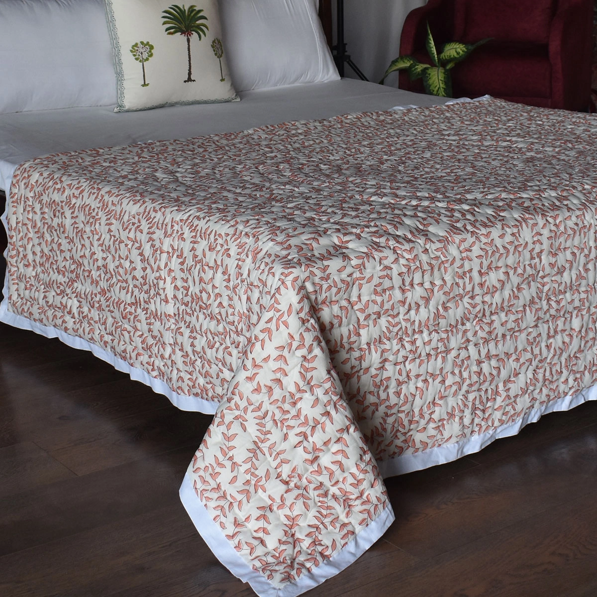 Hand Block Printed Cotton Twin Size Quilt Harmony Peach Fill 260415