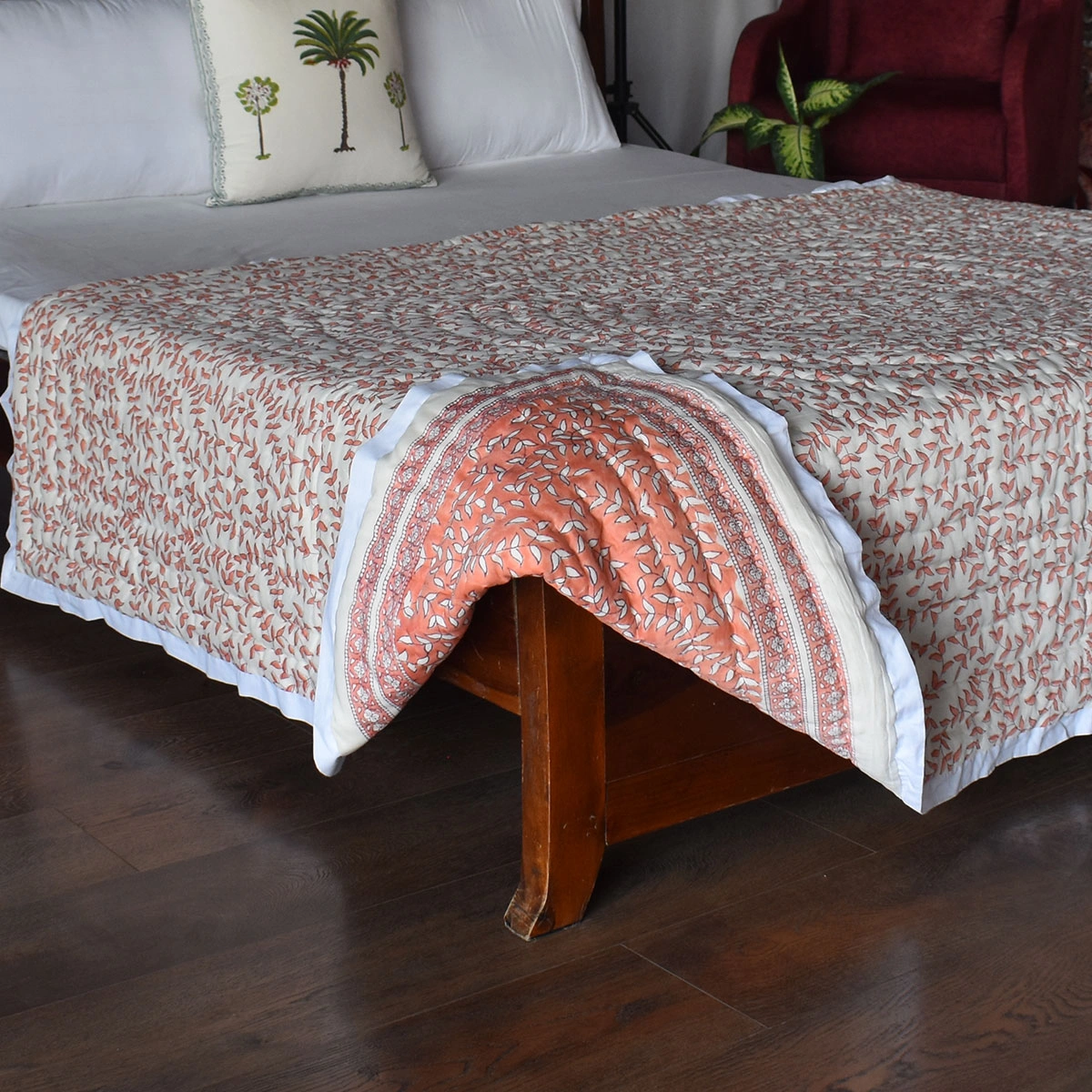Hand Block Printed Cotton Twin Size Quilt Harmony Peach Fill 260415