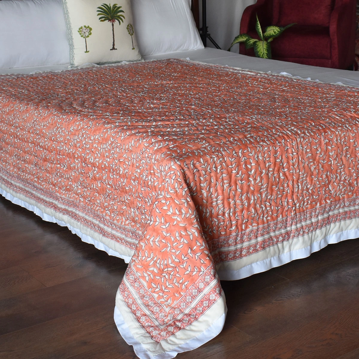 Hand Block Printed Cotton Twin Size Quilt Harmony Peach Fill 260415