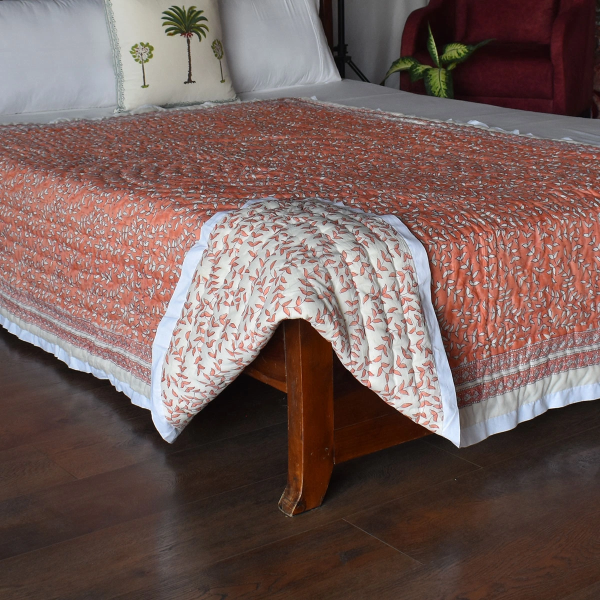 Hand Block Printed Cotton Twin Size Quilt Harmony Peach Fill 260415