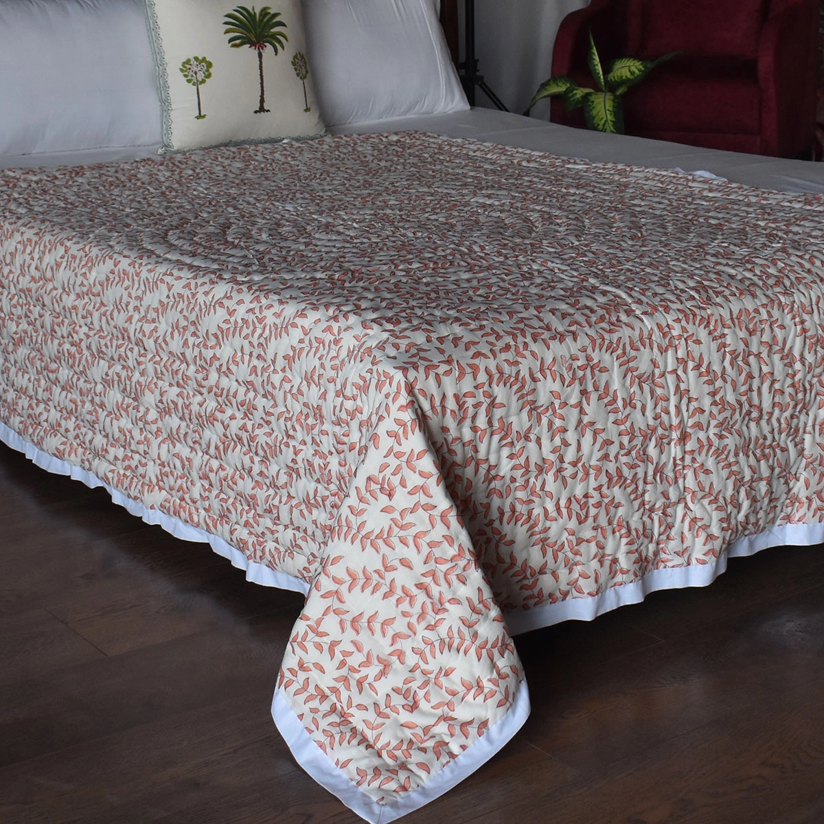 Hand Block Printed Cotton Twin Size Quilt Harmony Peach Fill 260415