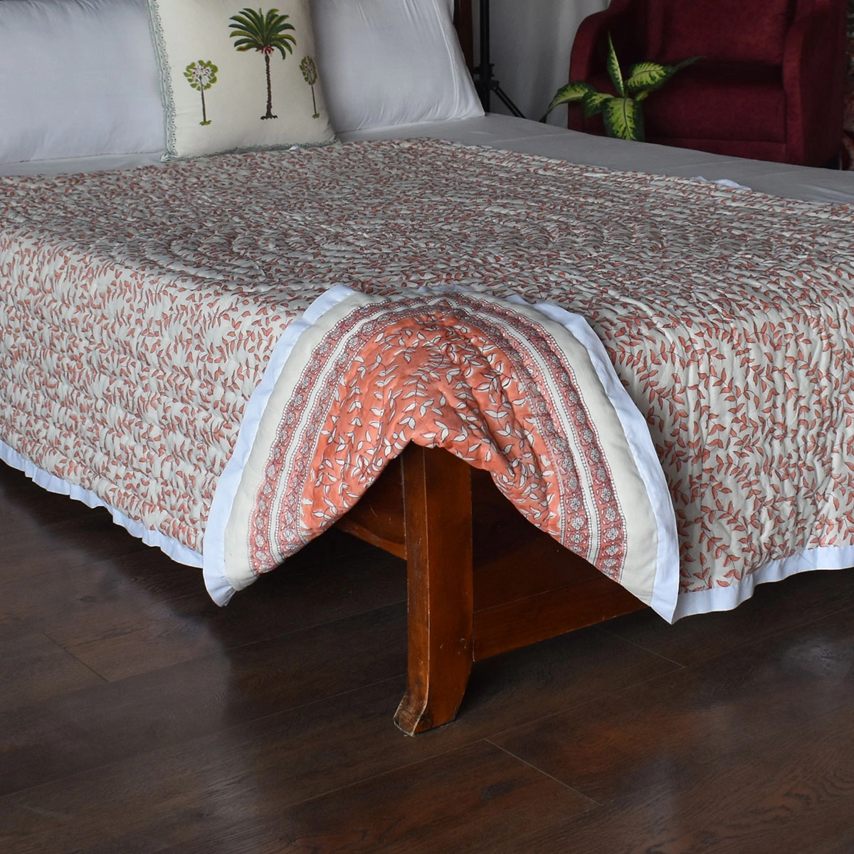 Hand Block Printed Cotton Twin Size Quilt Harmony Peach Fill 260415