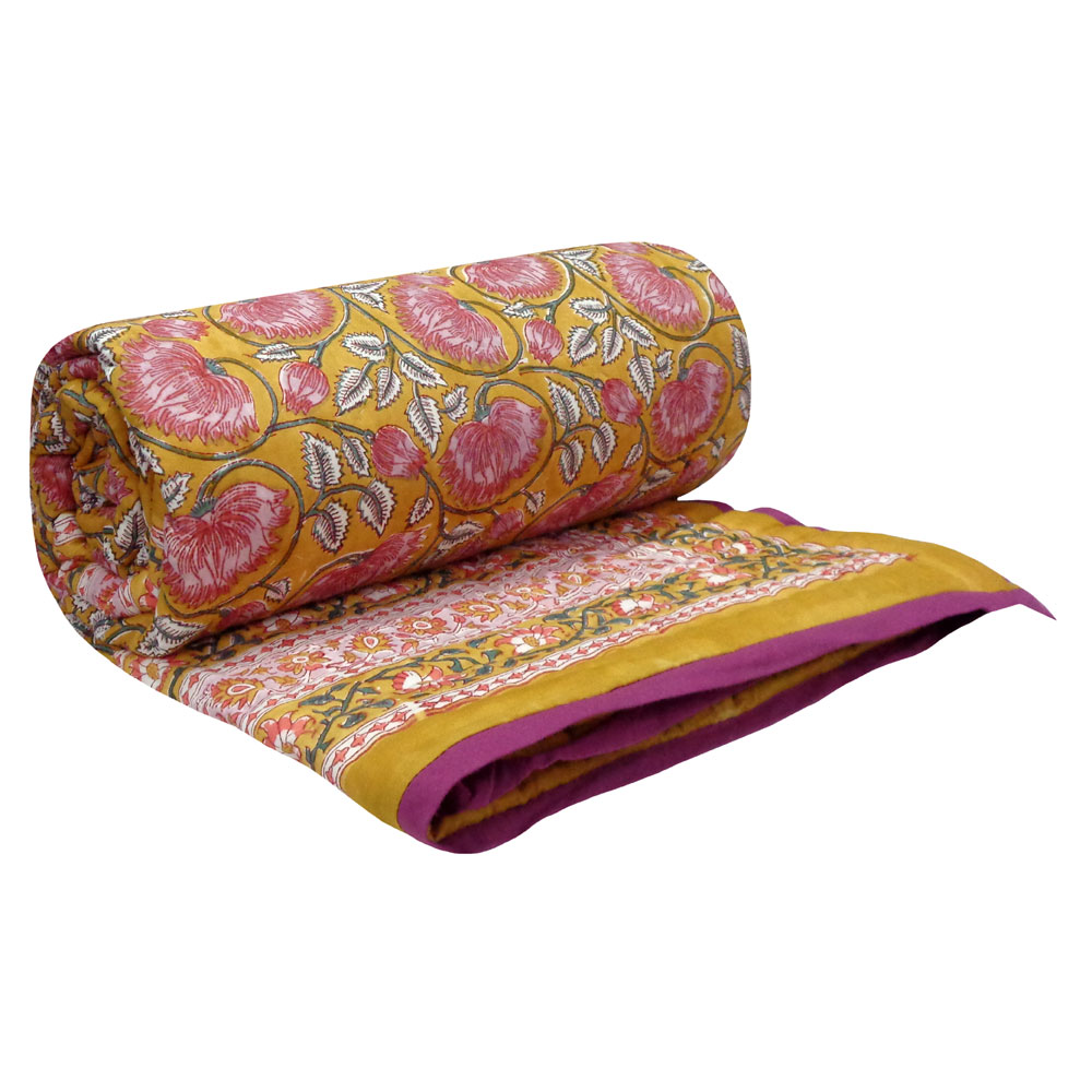 Hand Block Printed Cotton Twin Size Quilt Kamal Mustard 102016