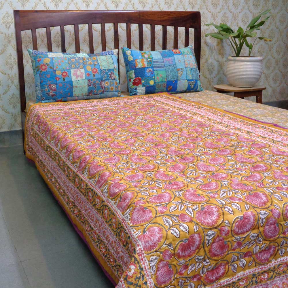 Hand Block Printed Cotton Twin Size Quilt Kamal Mustard 102016