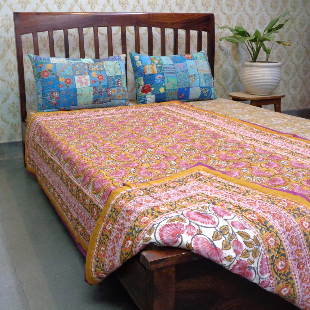 Hand Block Printed Cotton Twin Size Quilt Kamal Mustard 102016