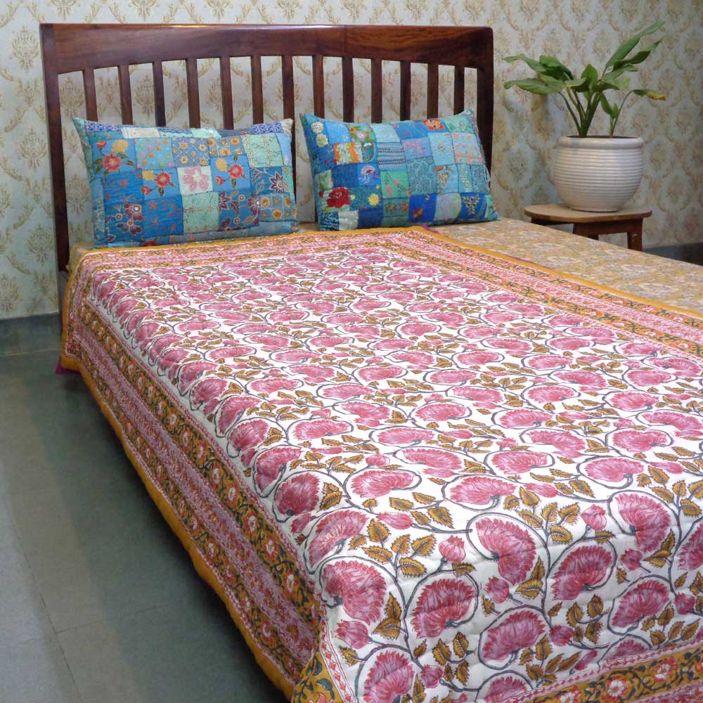 Hand Block Printed Cotton Twin Size Quilt Kamal Mustard 102016