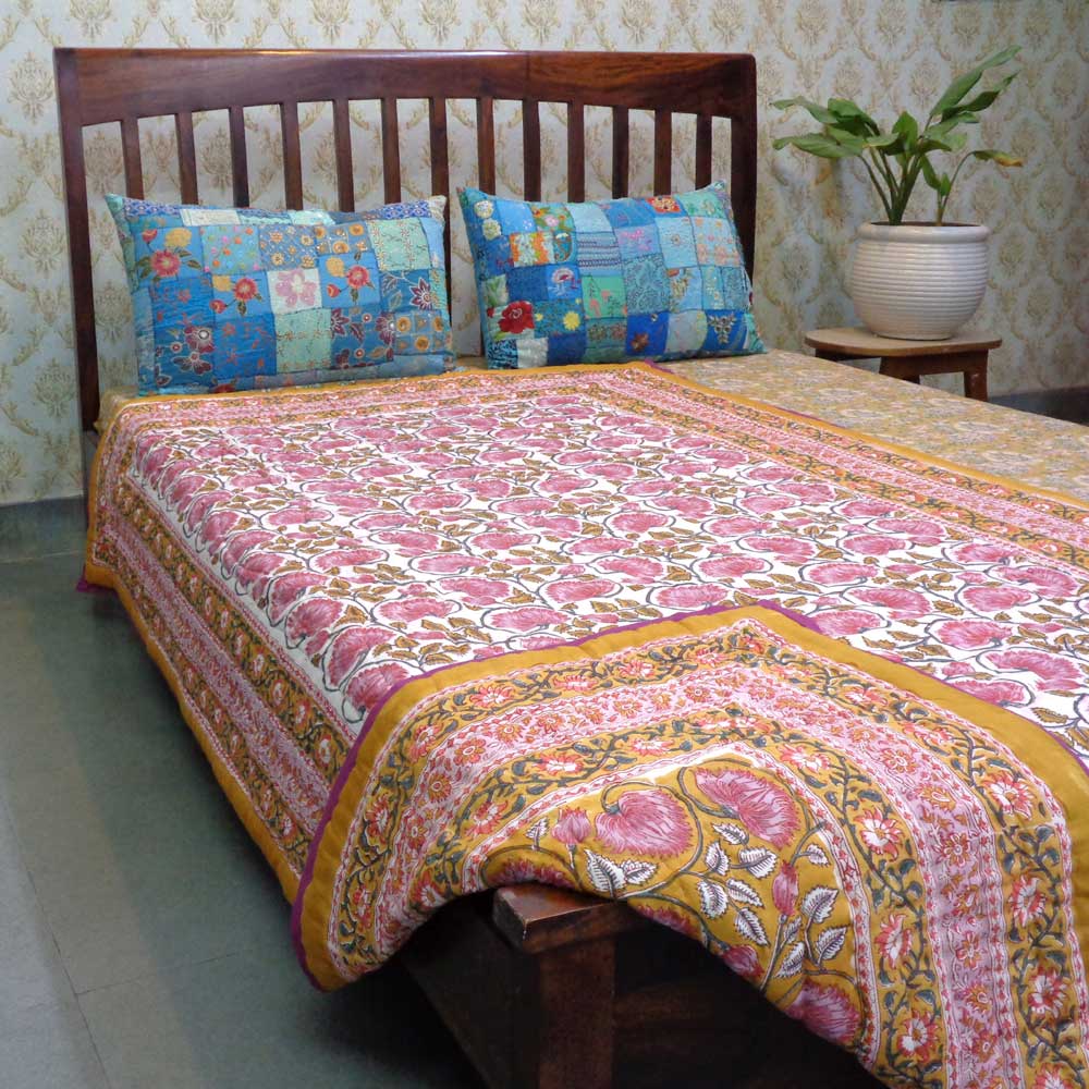 Hand Block Printed Cotton Twin Size Quilt Kamal Mustard 102016