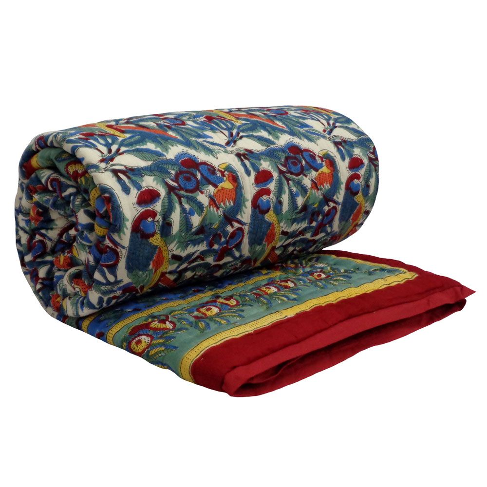 Hand Block Printed Cotton Twin Size Quilt Love Bird 302156