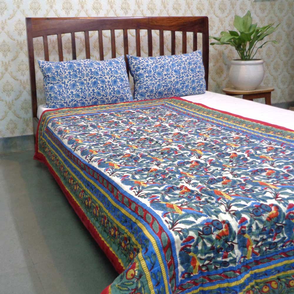 Hand Block Printed Cotton Twin Size Quilt Love Bird 302156