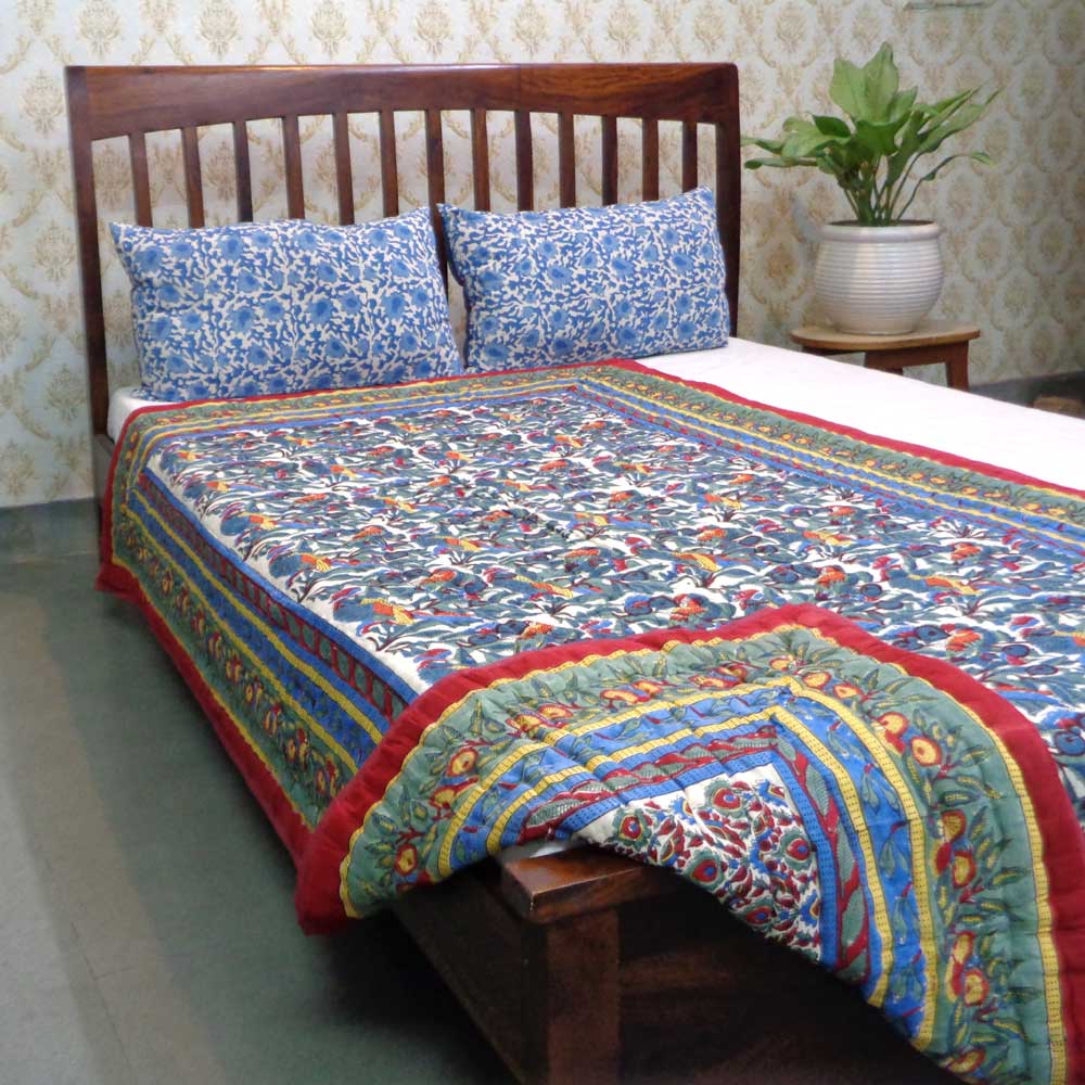 Hand Block Printed Cotton Twin Size Quilt Love Bird 302156
