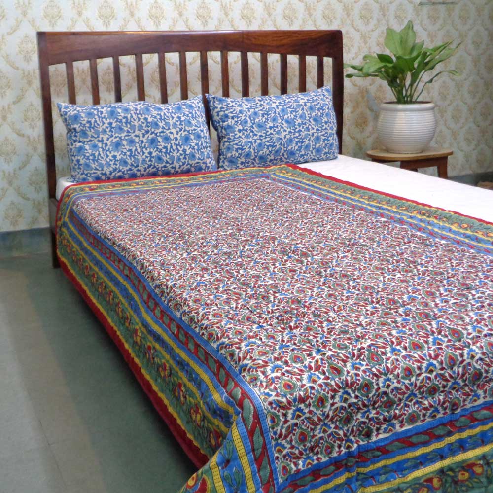 Hand Block Printed Cotton Twin Size Quilt Love Bird 302156