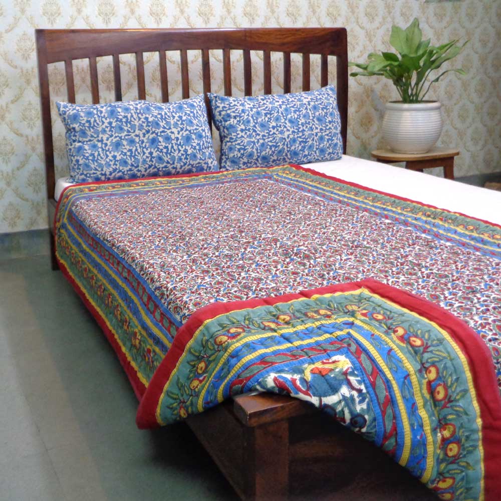 Hand Block Printed Cotton Twin Size Quilt Love Bird 302156