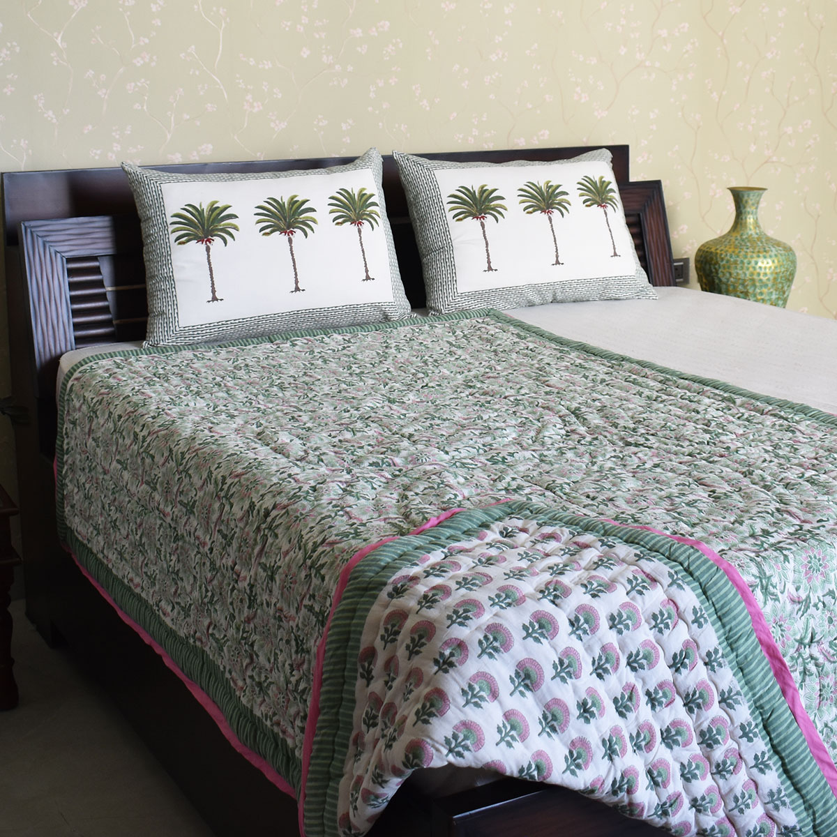 Hand Block Printed Cotton Twin Size Quilt  Madhubala Green 202526
