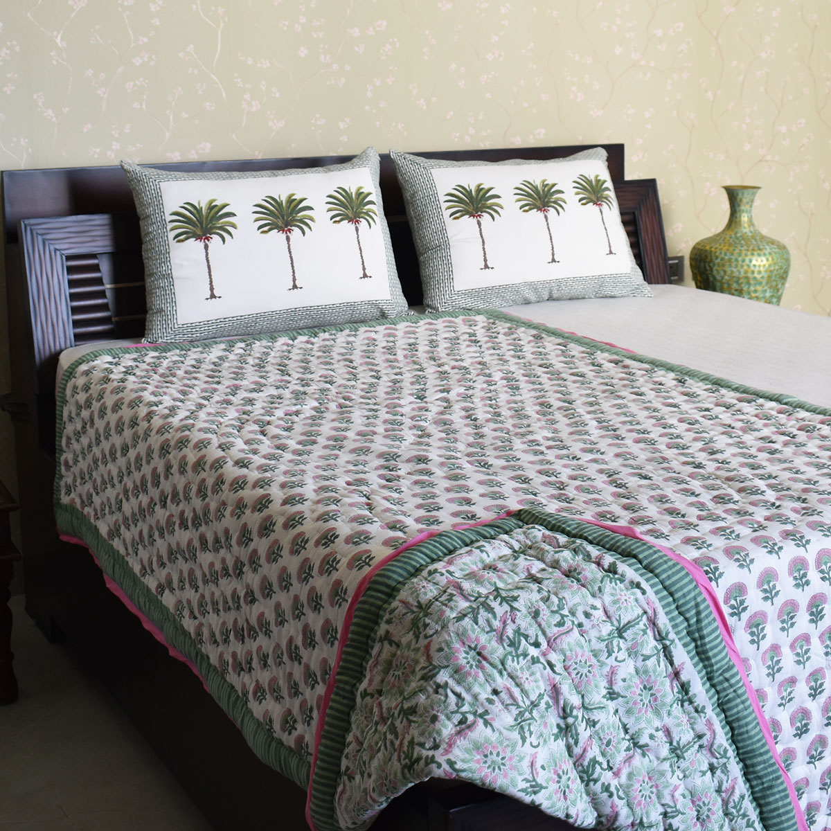 Hand Block Printed Cotton Twin Size Quilt  Madhubala Green 202526