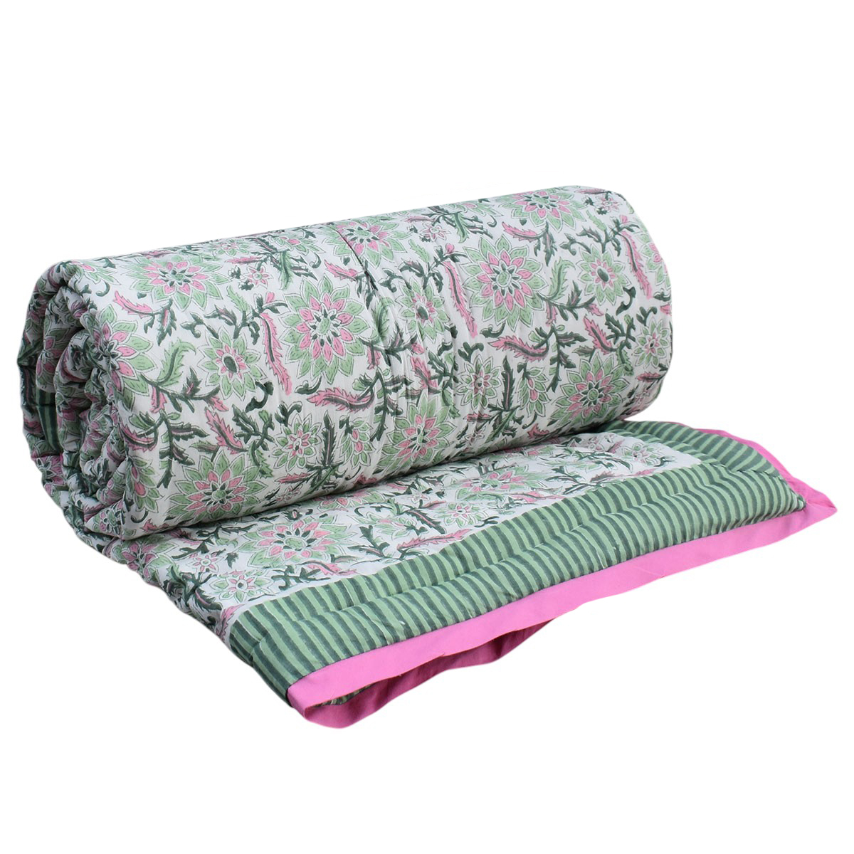 Hand Block Printed Cotton Twin Size Quilt Madhubala Green 202526