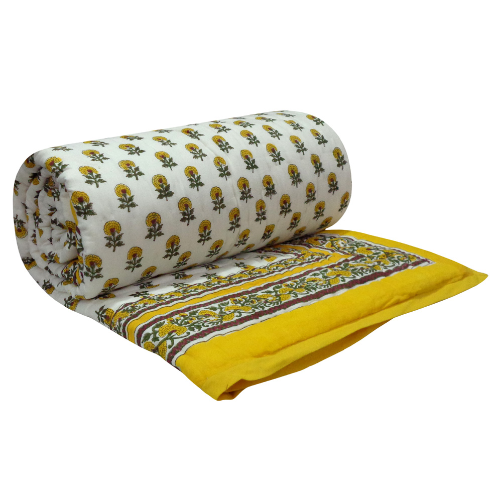 Hand Block Printed Cotton Twin Size Quilt Marigold Booti Mustard 102044