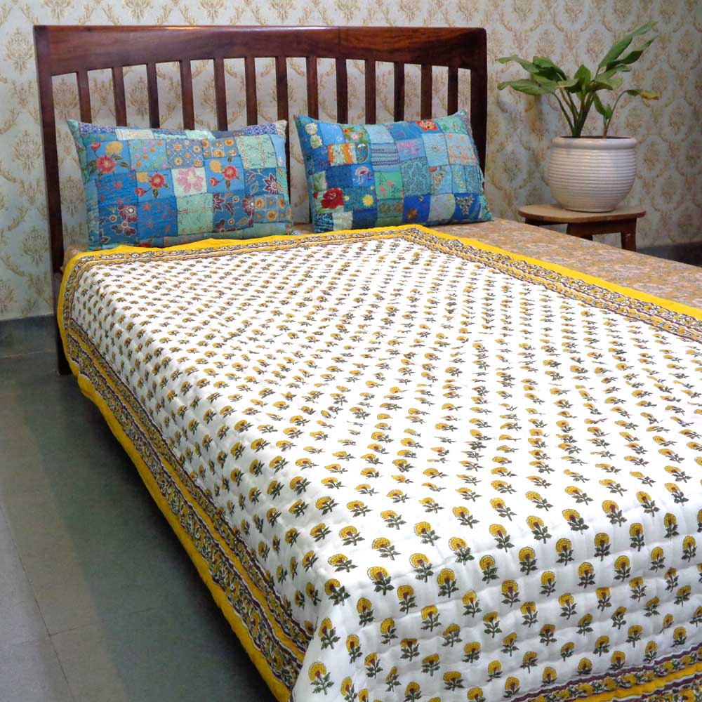 Hand Block Printed Cotton Twin Size Quilt Marigold Booti Mustard 102044