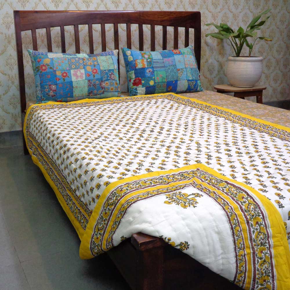 Hand Block Printed Cotton Twin Size Quilt Marigold Booti Mustard 102044