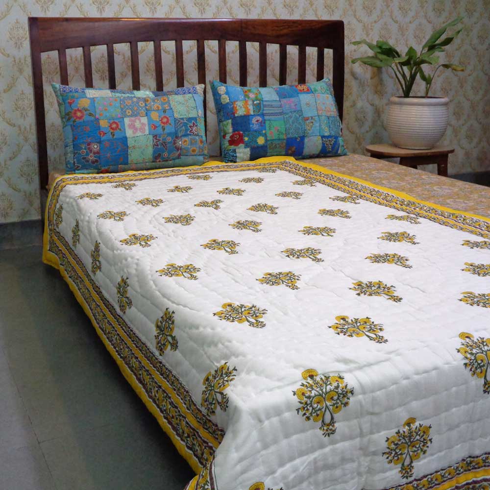Hand Block Printed Cotton Twin Size Quilt Marigold Booti Mustard 102044