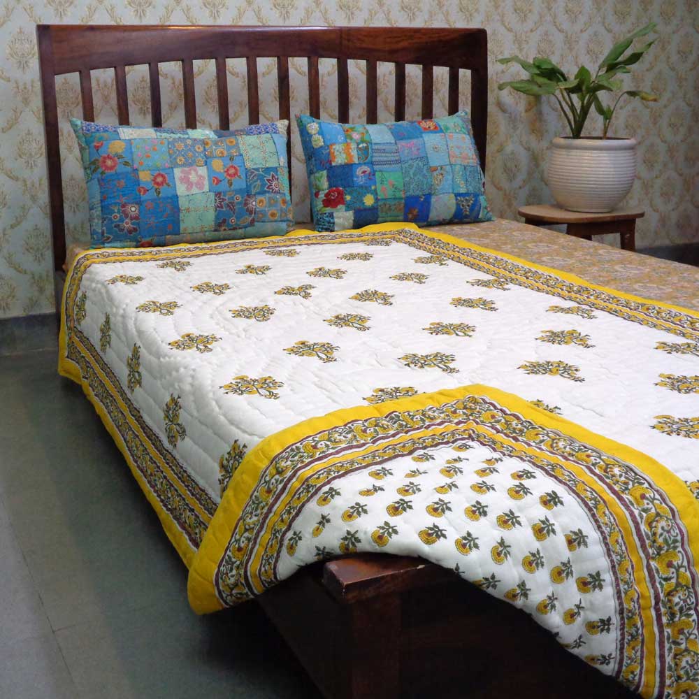 Hand Block Printed Cotton Twin Size Quilt Marigold Booti Mustard 102044